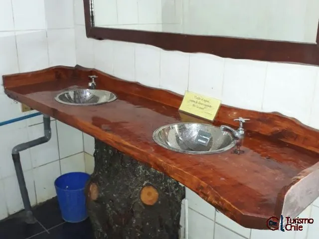 Detalle de mesón artesanal de madera nativa con lavamanos en baños de Porvenir